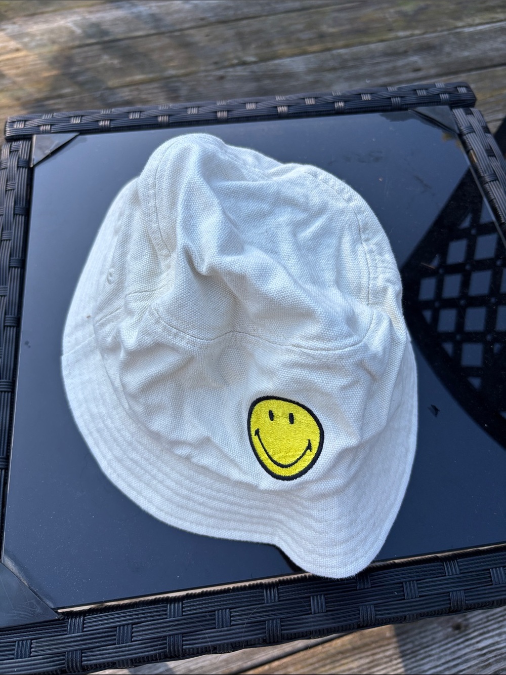 Kids Cream Bucket Hat with Yellow Smiley Patch
